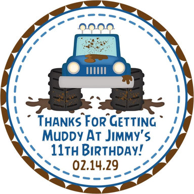Blue Monster Truck Mudding Birthday Party Stickers