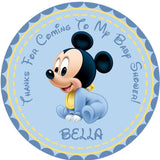 Blue Mickey Mouse baby shower sticker with cartoon baby character