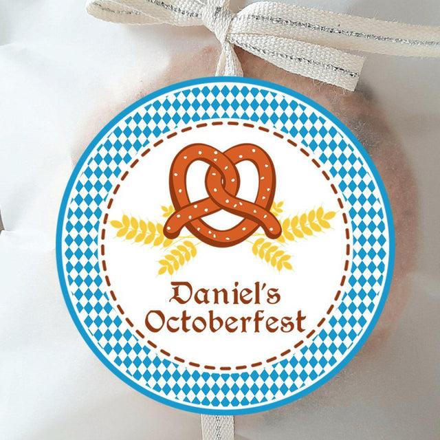 Blue Oktoberfest themed birthday sticker with custom name