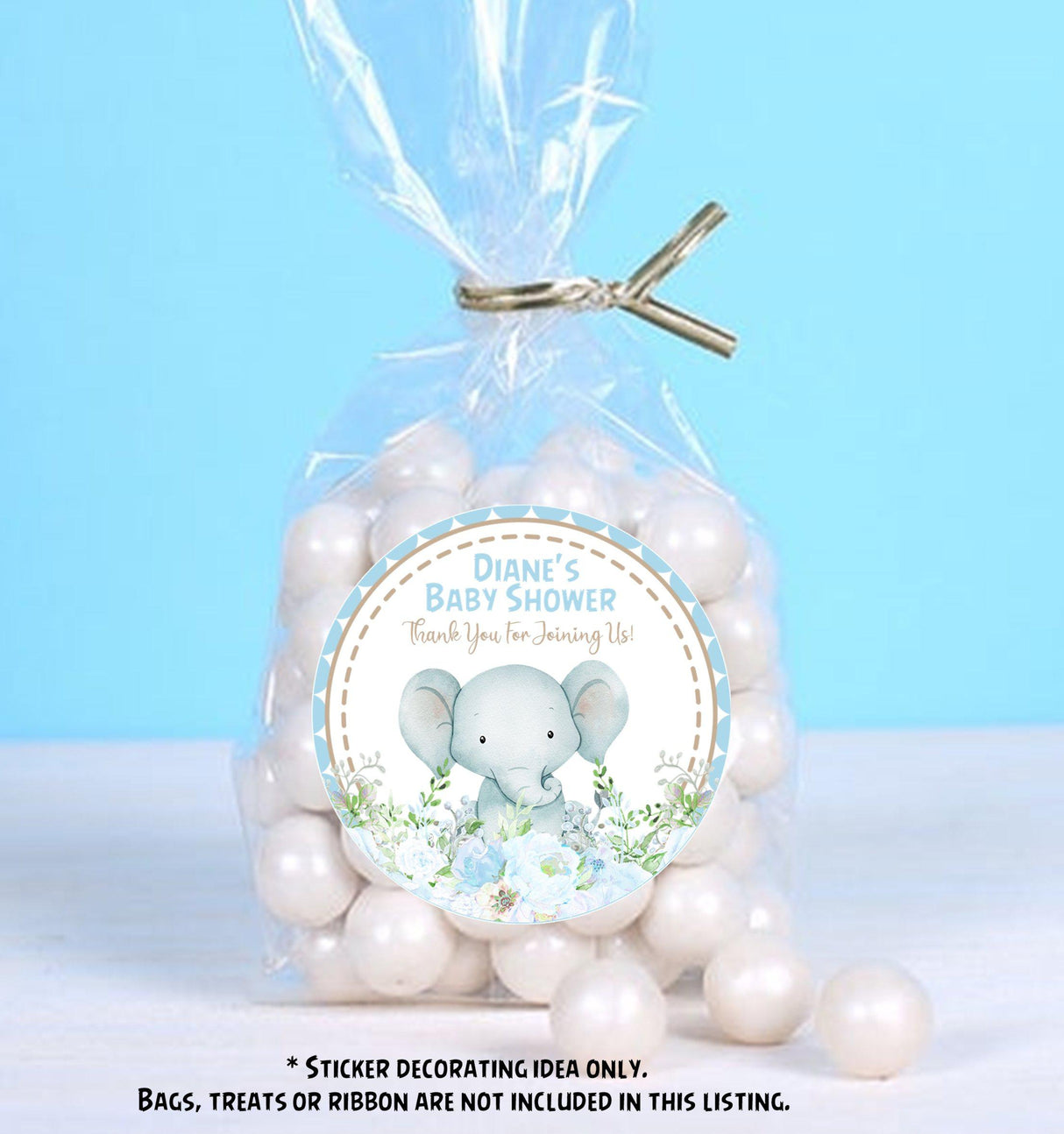 Boy baby shower favor stickers – blue elephant theme