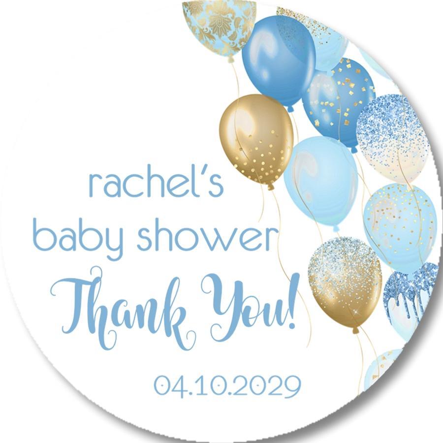 Blue and gold balloon baby shower sticker with confetti accents