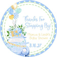 Blue and gold drive-by baby shower sticker with watercolor car and balloons