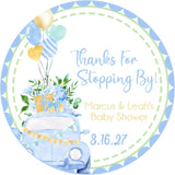 Blue and gold drive-by baby shower sticker with watercolor car and balloons