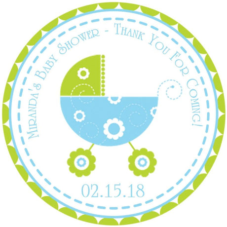 Blue and green baby carriage sticker with floral accents