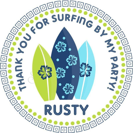 Blue and green surfboard birthday party sticker