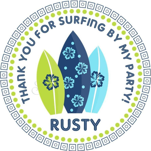 Blue and green surfboard birthday party sticker