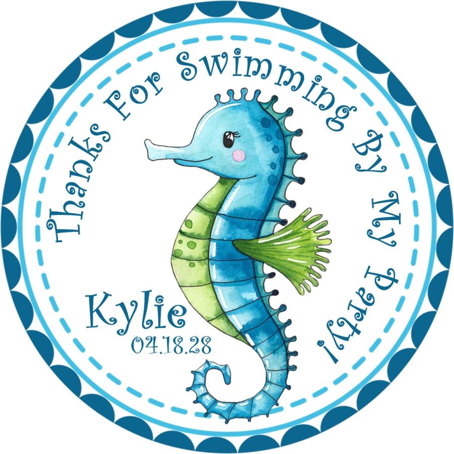 Blue and green watercolor seahorse birthday sticker