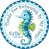 Blue and green watercolor seahorse birthday sticker