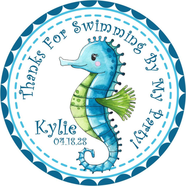 Blue and green watercolor seahorse birthday sticker