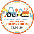 Blue and orange construction birthday stickers with excavator and dump truck