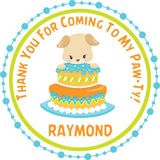 Blue and orange puppy birthday sticker with layered cake illustration
