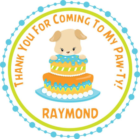 Blue and orange puppy birthday sticker with layered cake illustration
