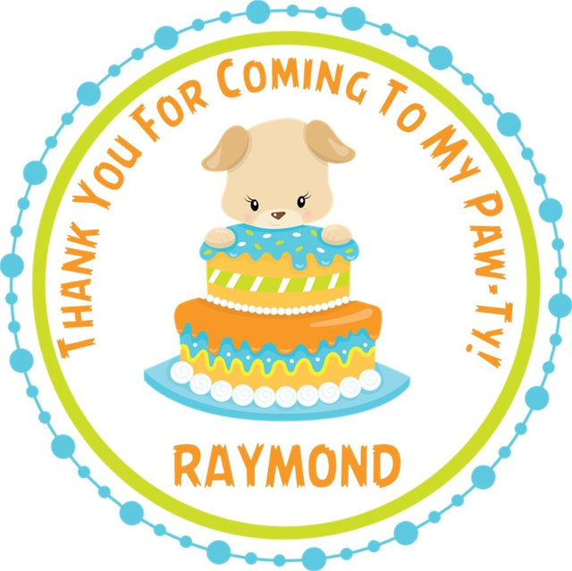 Blue and orange puppy birthday sticker with layered cake illustration