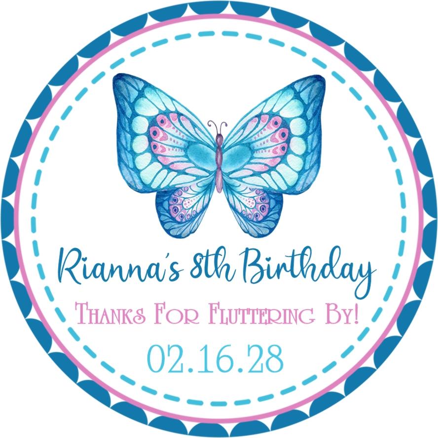 Blue and pink butterfly birthday sticker with decorative border