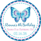 Blue and pink butterfly birthday sticker with decorative border