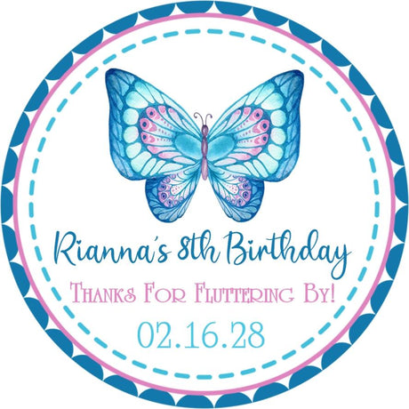 Blue and pink butterfly birthday sticker with decorative border