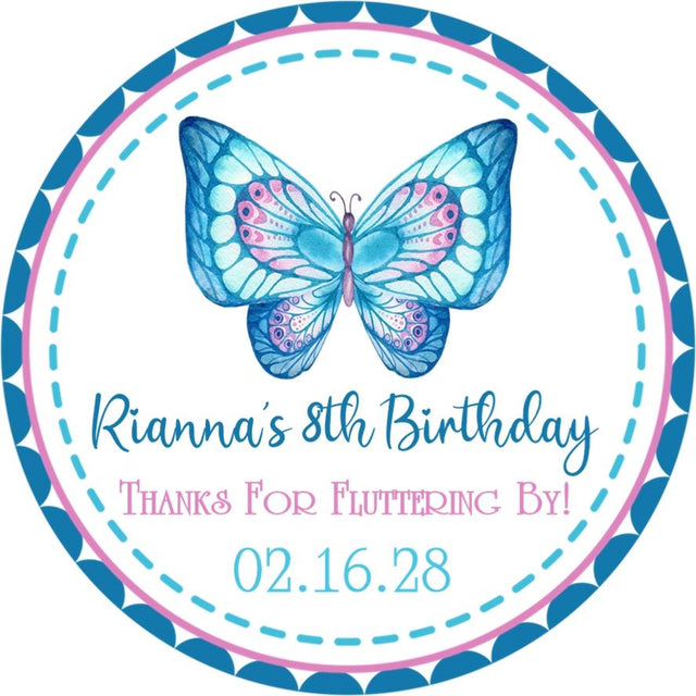 Blue and pink butterfly birthday sticker with decorative border