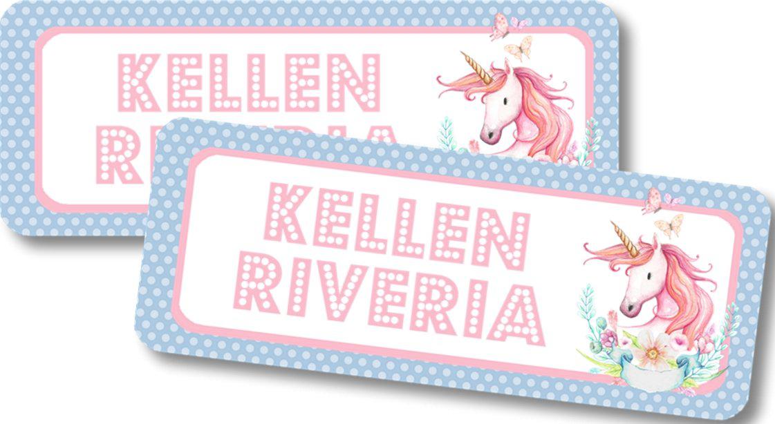 Blue and pink unicorn back to school labels