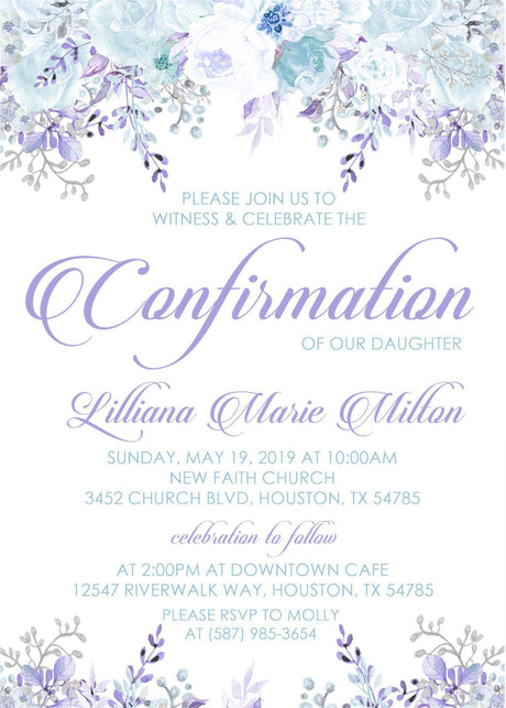 Blue and purple floral confirmation invitation for religious celebrations
