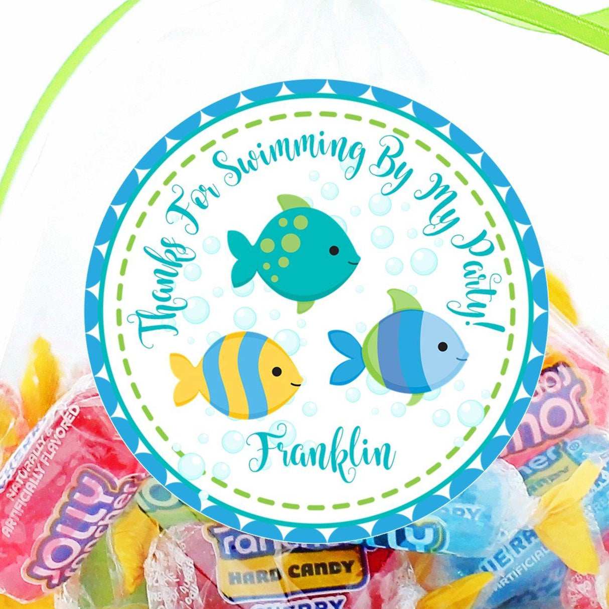 Blue and teal fish ocean party favor label