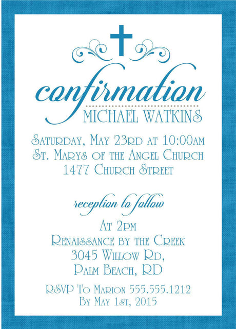 Blue and white Confirmation invitation with classic cross design