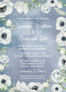 Blue and white anemone wedding invitation featuring watercolor floral artwork and greenery accents