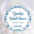 Blue and white chinoiserie bridal shower stickers with floral border