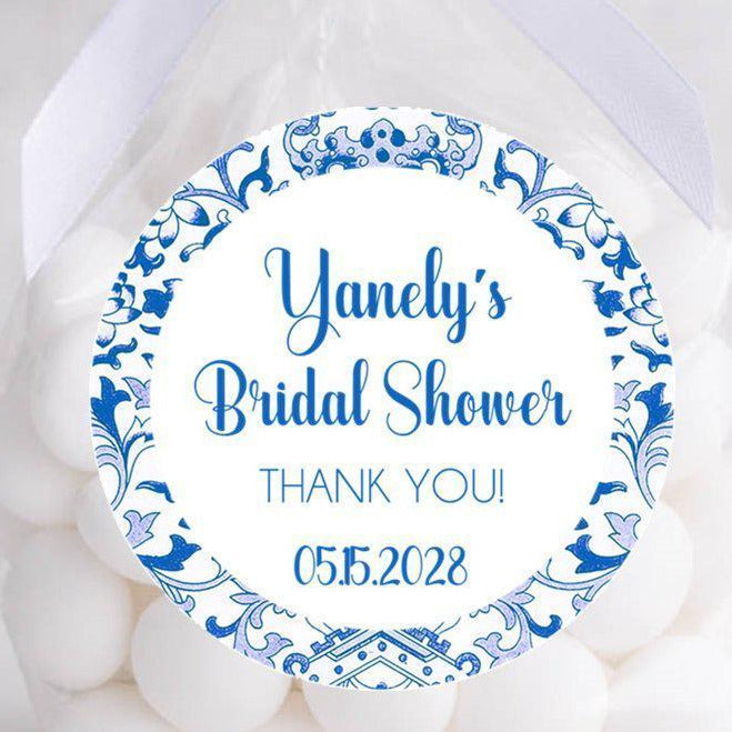 Blue and white chinoiserie bridal shower stickers with floral border