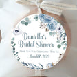 Blue and white floral bridal shower stickers with eucalyptus wreath