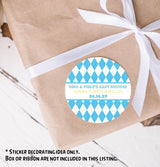 Blue and yellow argyle pattern baby shower thank-you sticker.