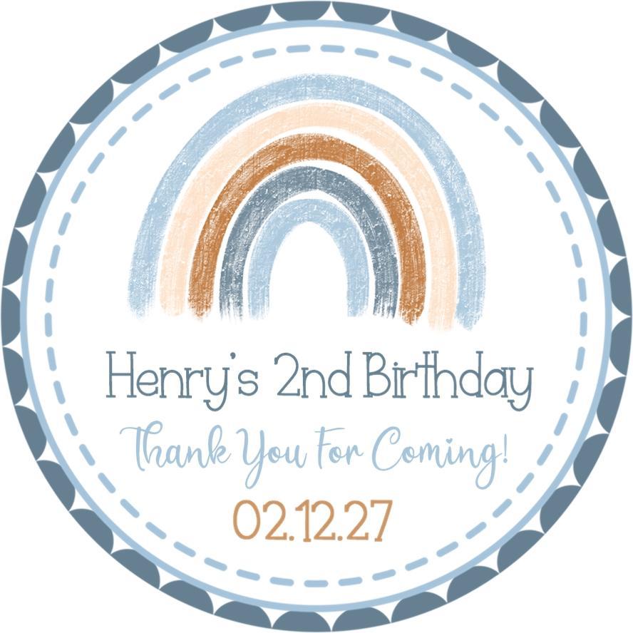 Blue boho rainbow birthday sticker with personalized text