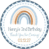 Blue boho rainbow birthday sticker with personalized text