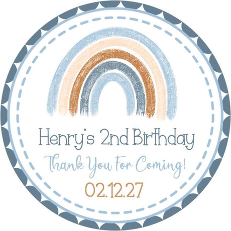 Blue boho rainbow birthday sticker with personalized text