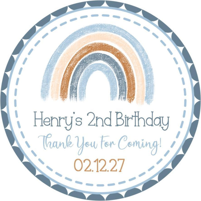 Blue boho rainbow birthday sticker with personalized text