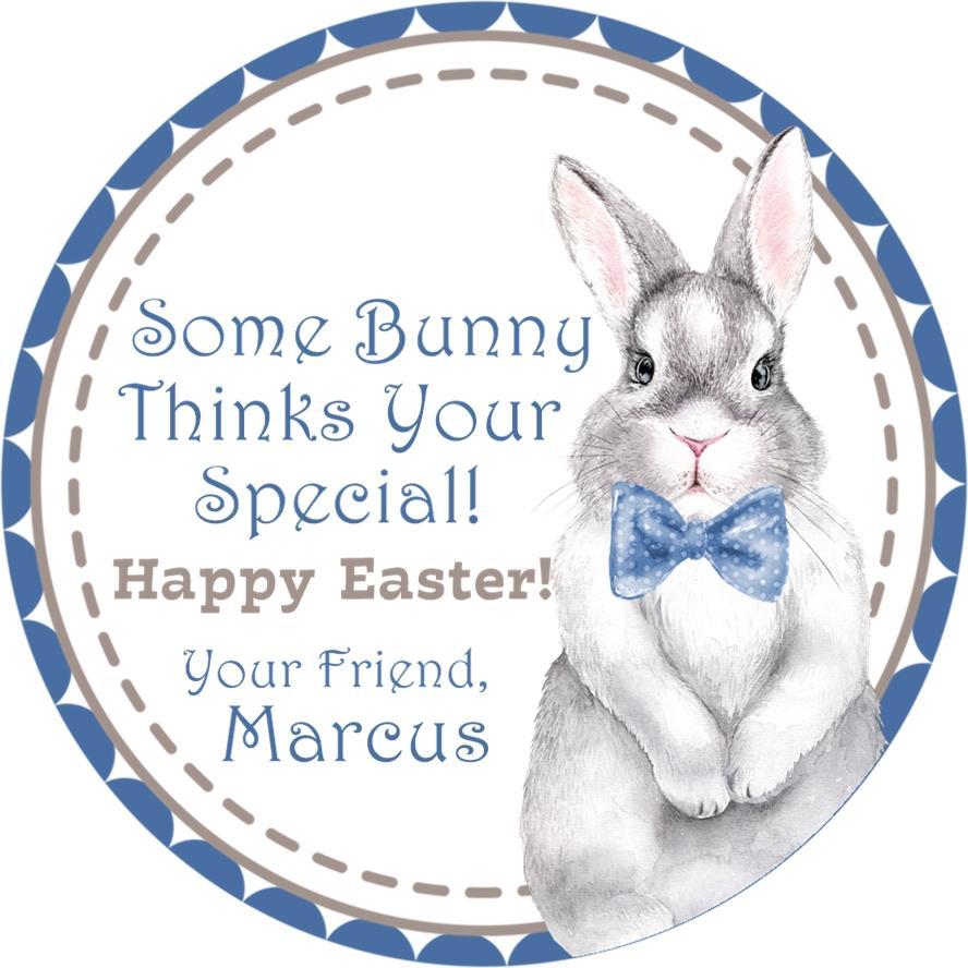 Blue bow bunny Easter sticker with stitched border