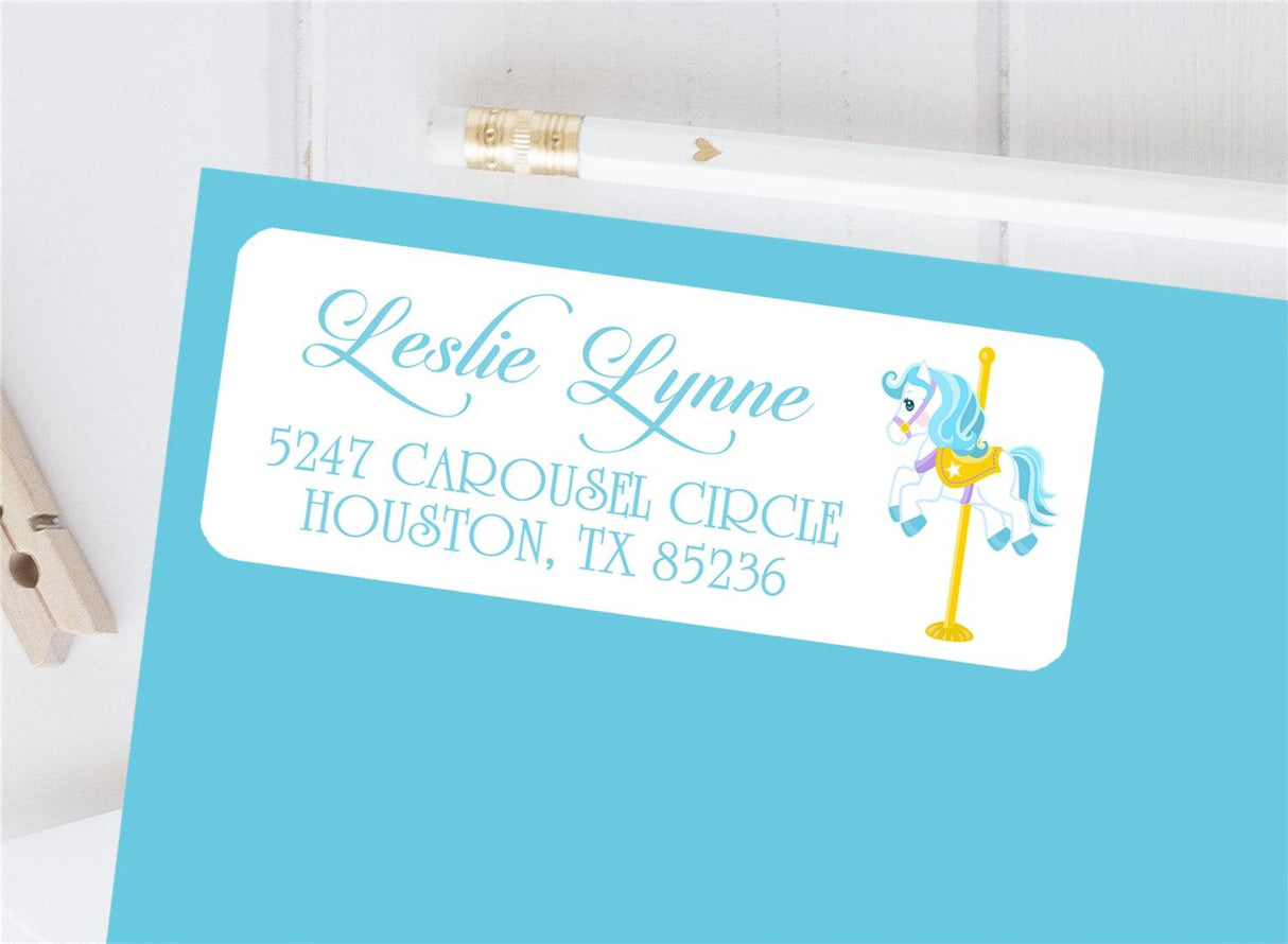 Blue carousel horse address labels