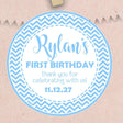 Blue chevron first birthday sticker with personalized name