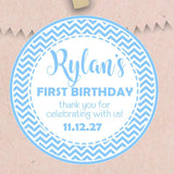 Blue chevron first birthday sticker with personalized name