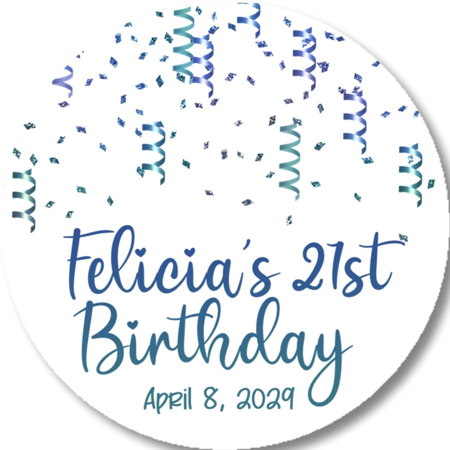 Blue confetti birthday sticker with personalized name
