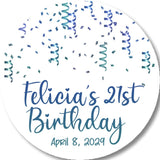 Blue confetti birthday sticker with personalized name