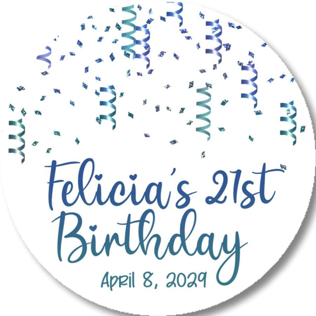 Blue confetti birthday sticker with personalized name