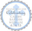 Blue damask Baptism sticker with scalloped edge