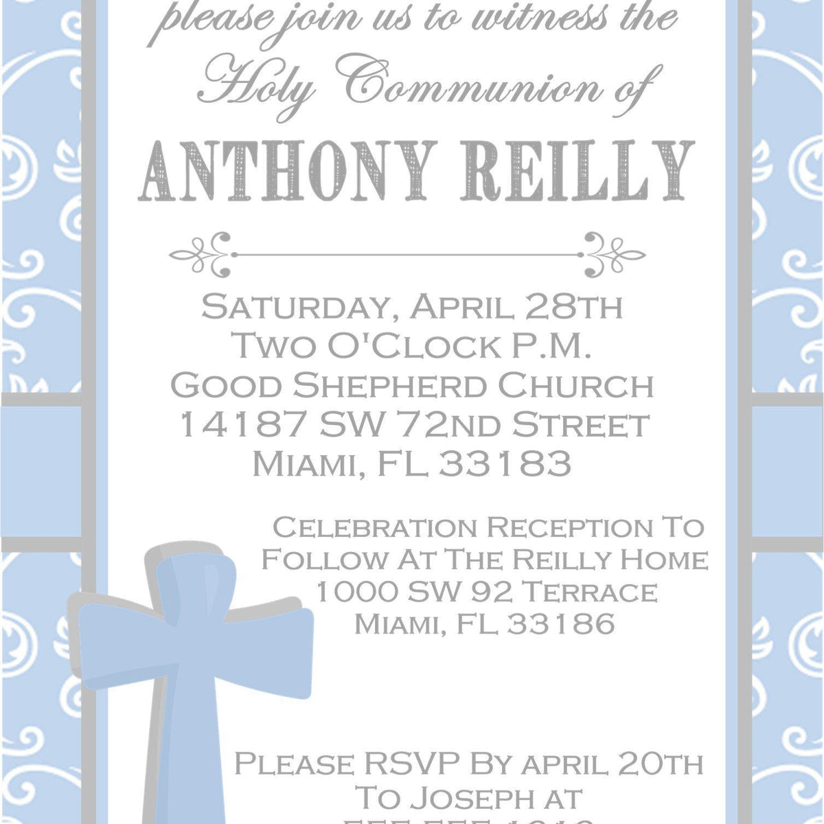 Religious Celebration Invitations – Blue Damask Cross Invitations ...