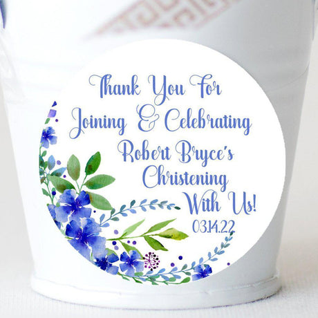 Blue floral First Communion sticker with watercolor flowers