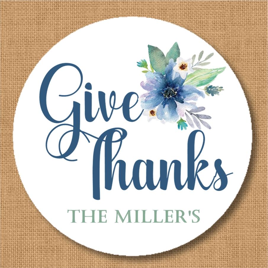 Blue floral Give Thanks Thanksgiving sticker with watercolor flowers and greenery