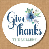 Blue floral Give Thanks Thanksgiving sticker with watercolor flowers and greenery