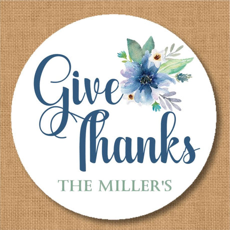 Blue floral Give Thanks Thanksgiving sticker with watercolor flowers and greenery