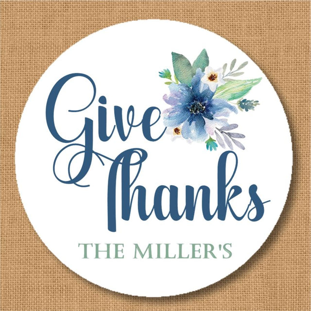 Blue floral Give Thanks Thanksgiving sticker with watercolor flowers and greenery