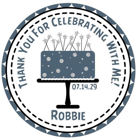 Blue grey and black birthday cake sticker with stars