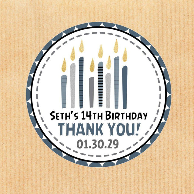 Blue grey and black candle birthday stickers personalized